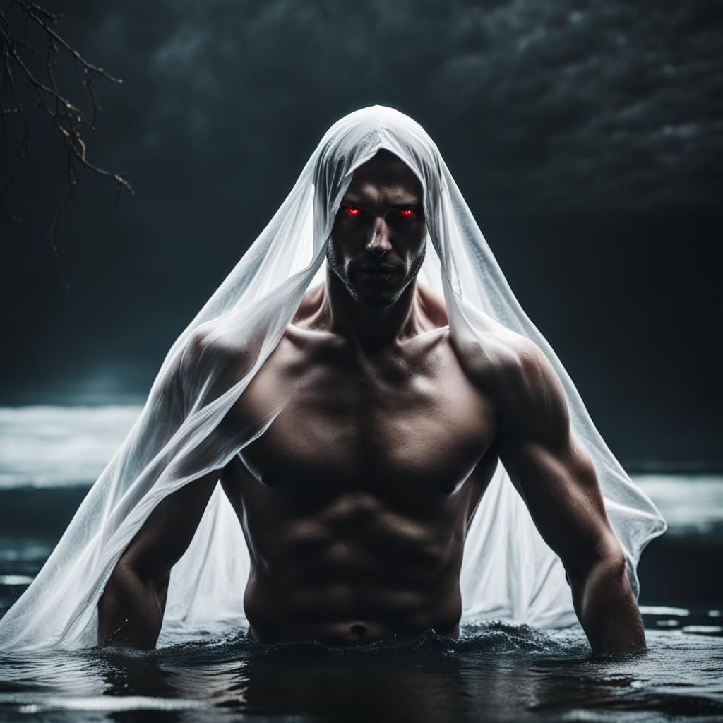 Dark Fantasy: Man Rises from Water in White Veil