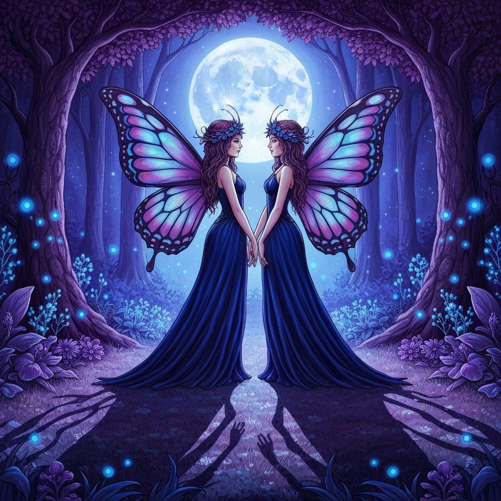 Ethereal Twin Fairies in Moonlit Mystical Forest
