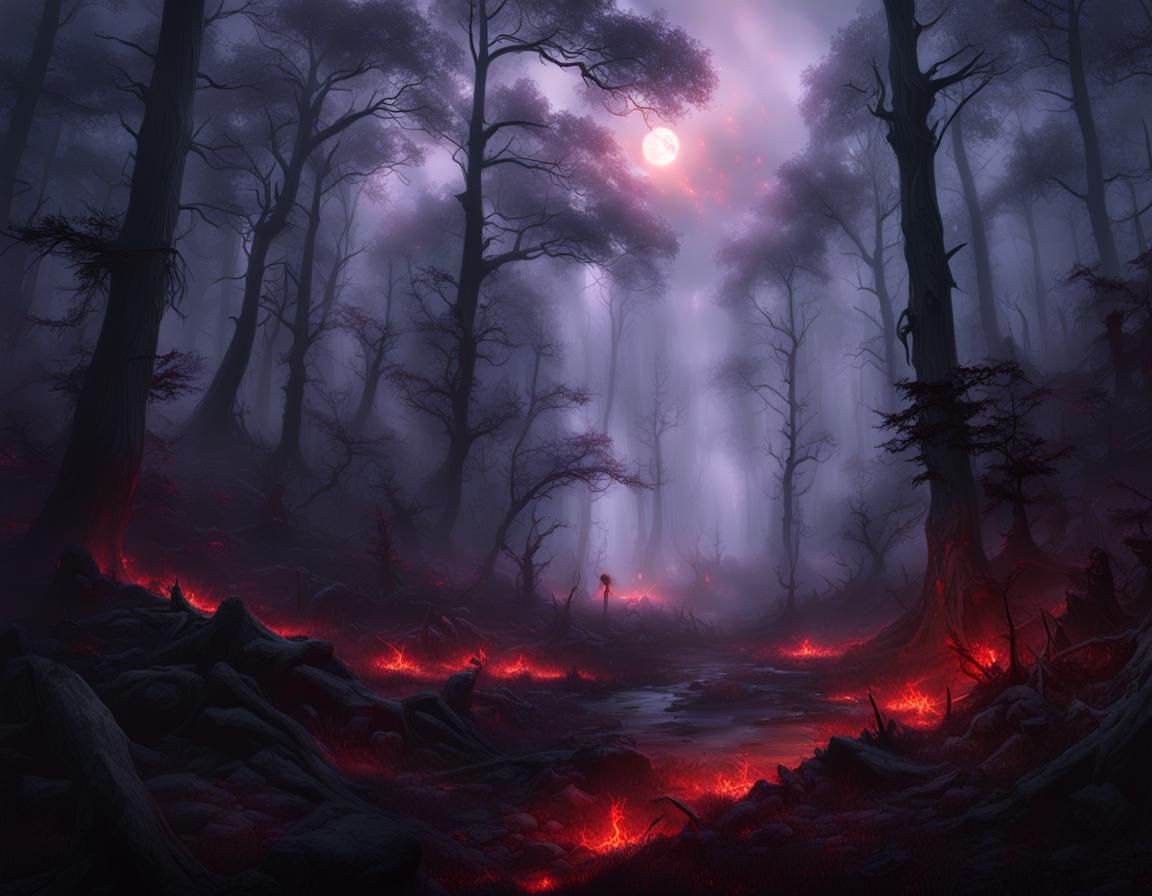 Red Lightning Strikes European Forest: Dark Fantasy Art