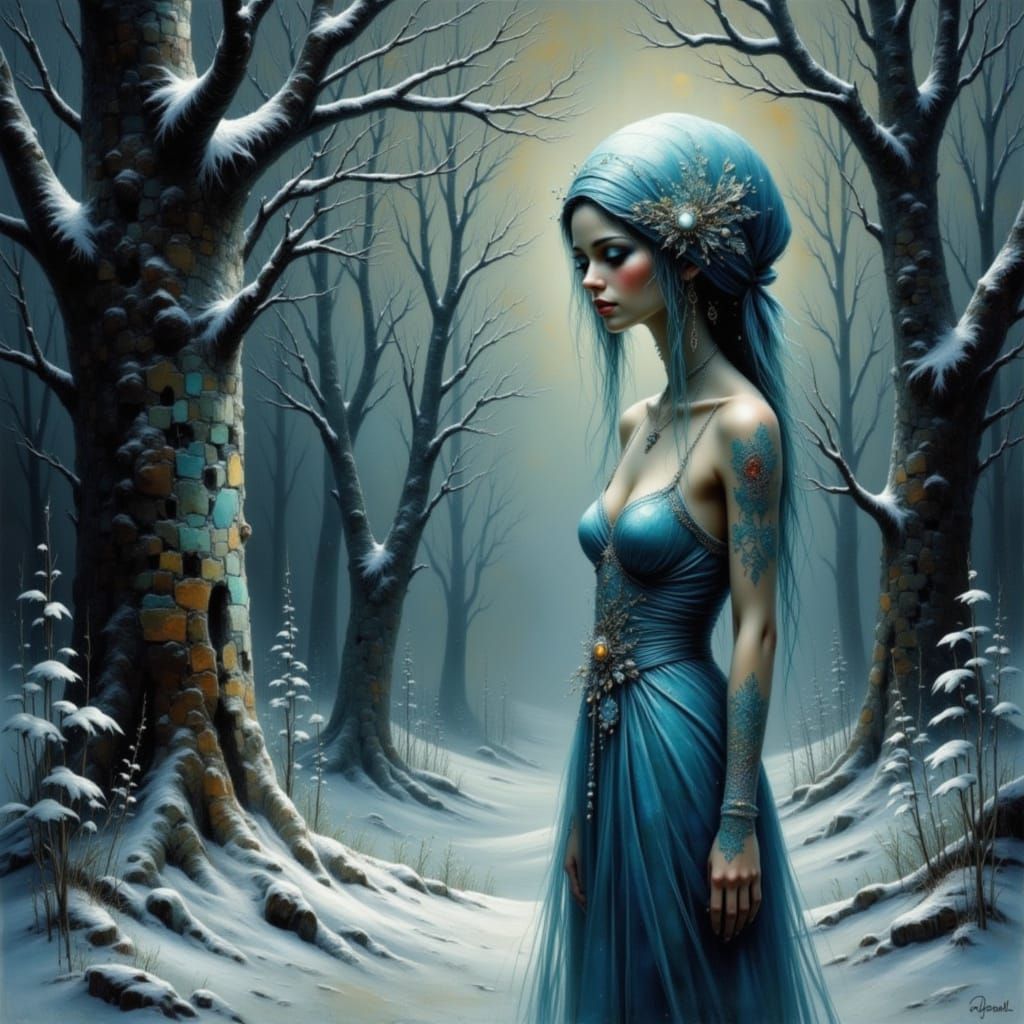 Alien Girl in Snowy Forest: Artistic Winter Portrait