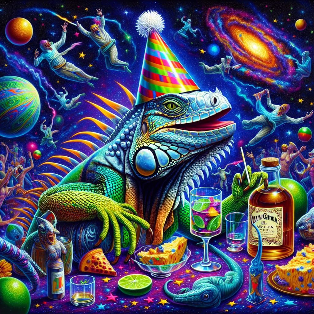 An Iguana in a Birthday Hat Drinking All The Tequila In a Wi...