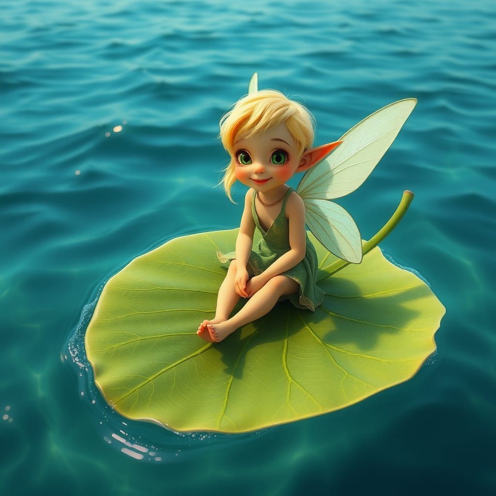 Pixie on Emerald Leaf in Turquoise Ocean