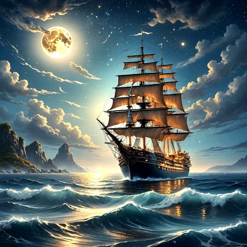 Moonlit Ship on Blue Sea: Fantasy Concept Art