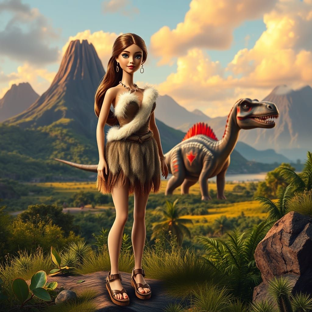 Barbie in a Prehistoric Paradise with a Majestic Apatosaurus