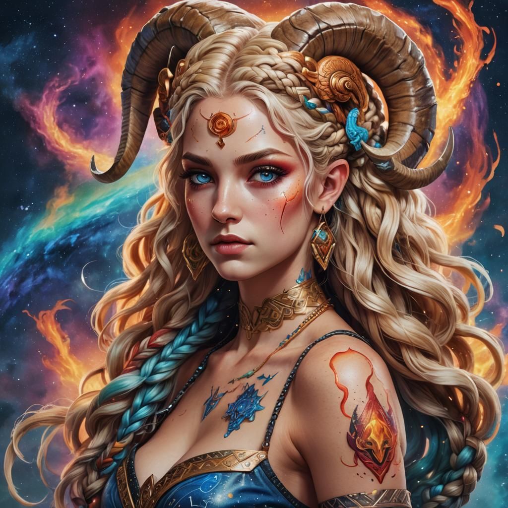 Aries Goddess: Hyperrealistic Zodiacal Siren Portrait