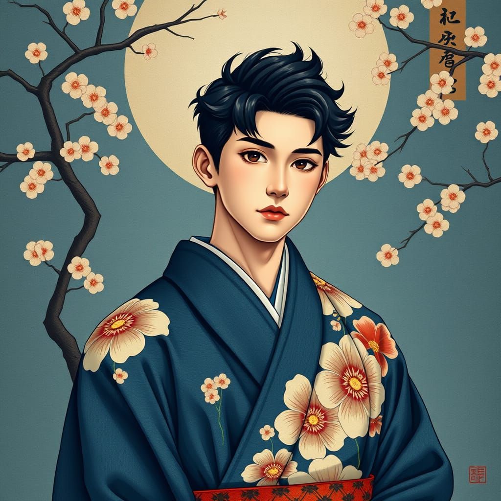 Elegant Japanese Man in Traditional Kimono