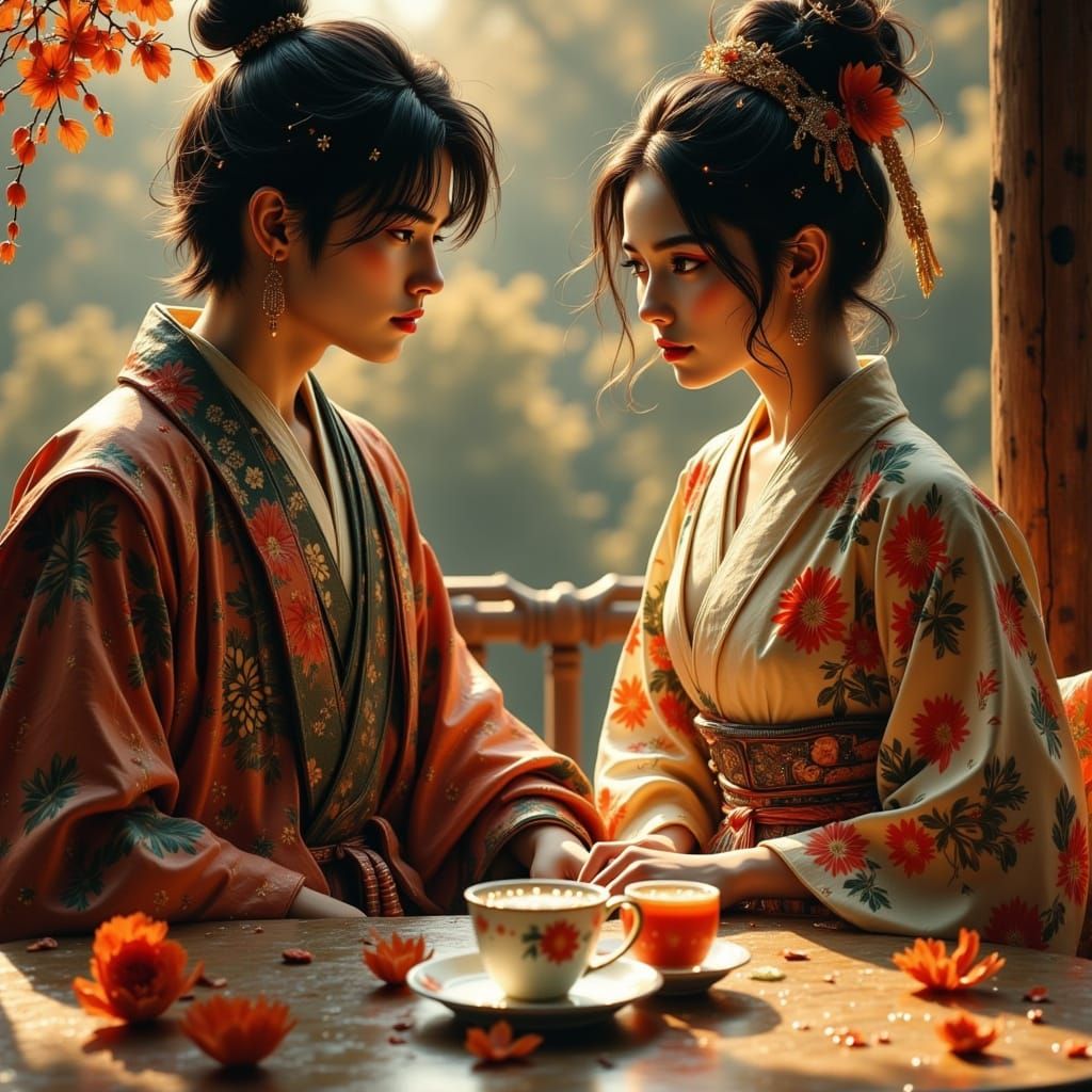 Japanese Teens Meet Over Tea, Ink Brush Style