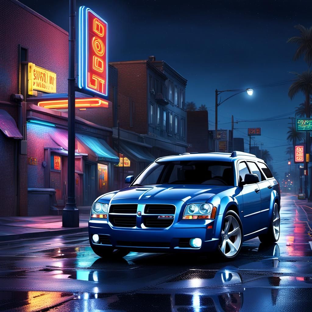 Steel Blue Dodge Magnum R/T in Neon Cityscape