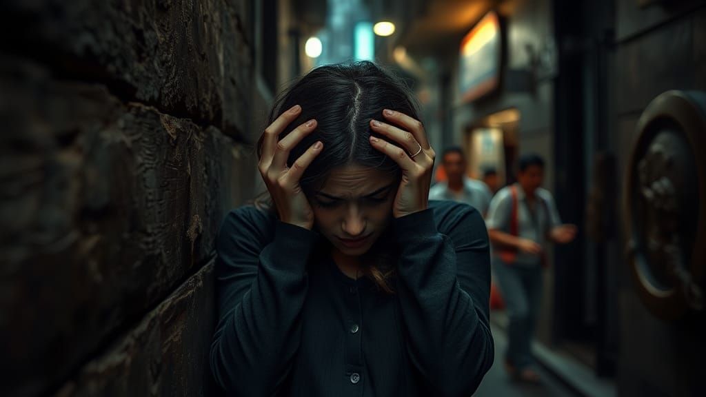 Woman Overwhelmed in Dark Alleyway, Dark Surrealist