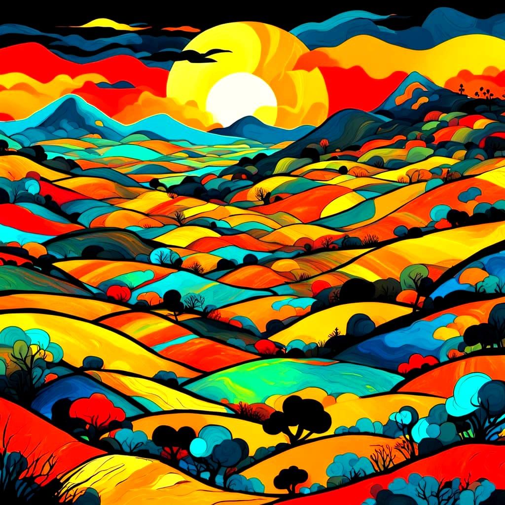 Colorful Patchwork Landscape in Ink