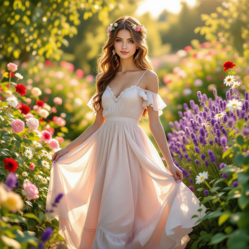 Girl in Sunlit Garden, Art Nouveau Impression