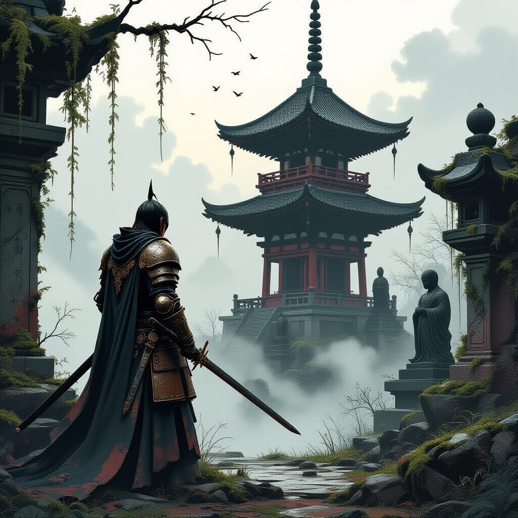 Knight Guards Overgrown Pagoda in Dark Fantasy Style