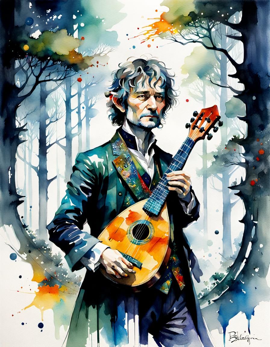 Bilbo Baggins Plays Balalaika in Cyberpunk Forest