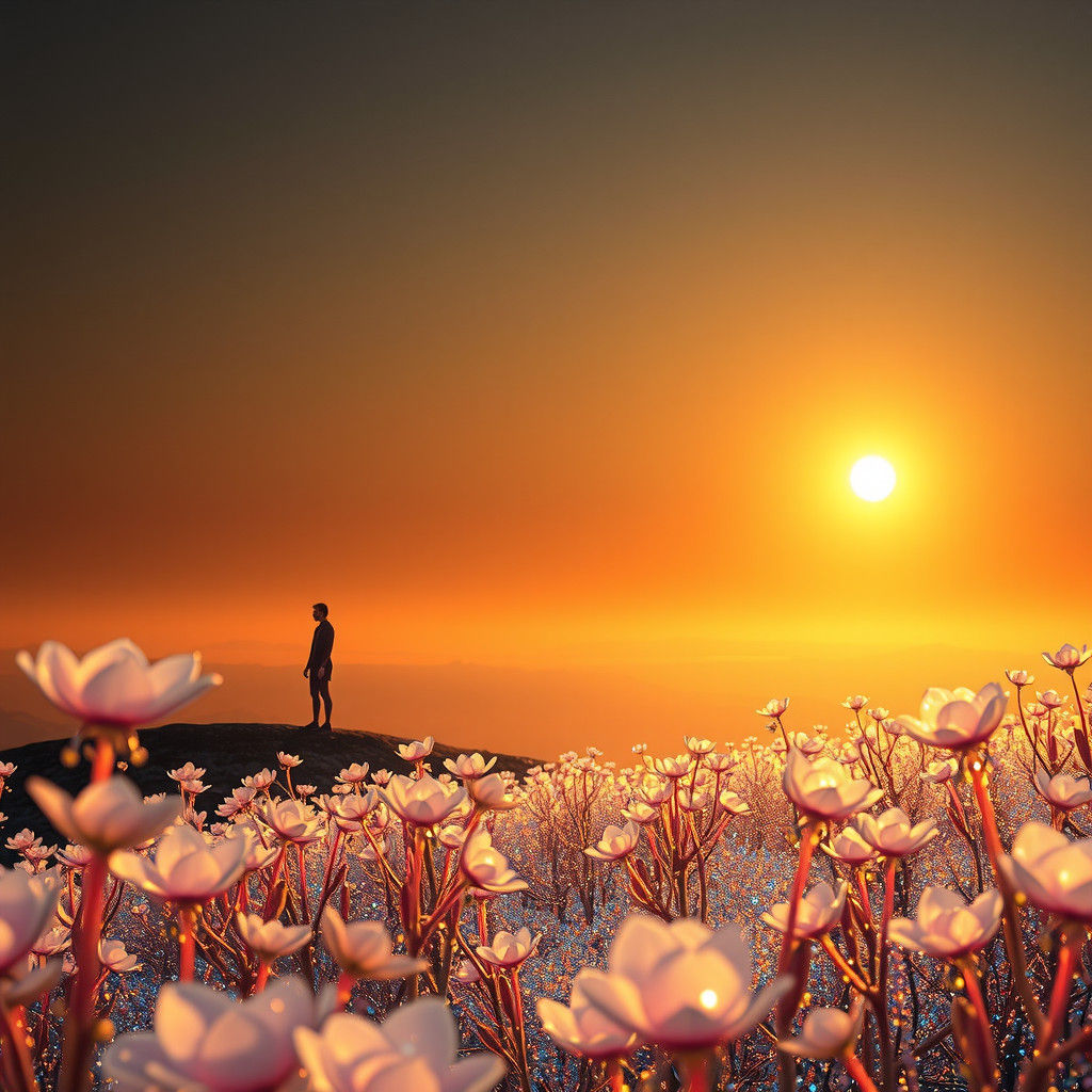 Magical Holographic Landscape at Golden Sunrise