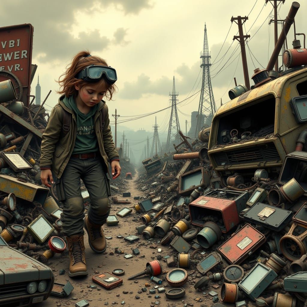 Girl Explores Junkyard Under Hazy Sky