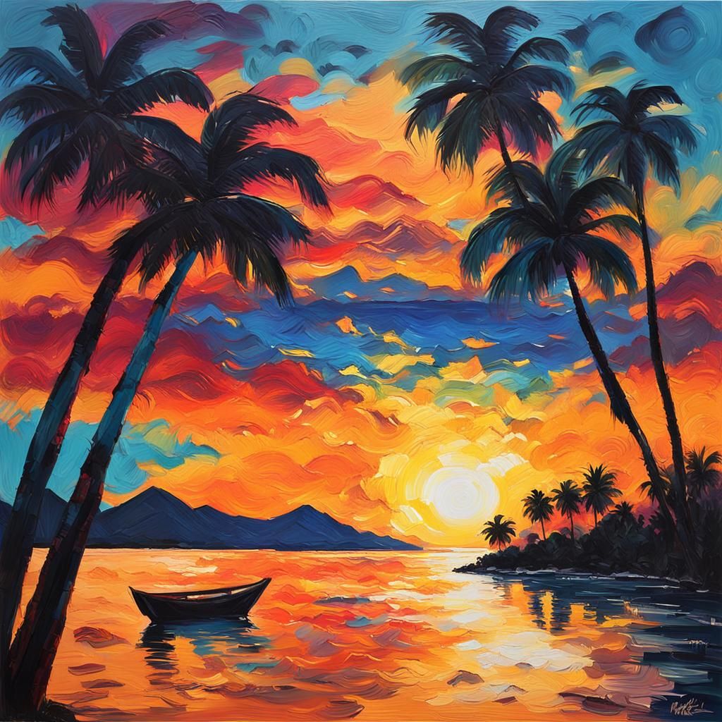 Tropical Sunset in Vibrant Gouache Painting Style