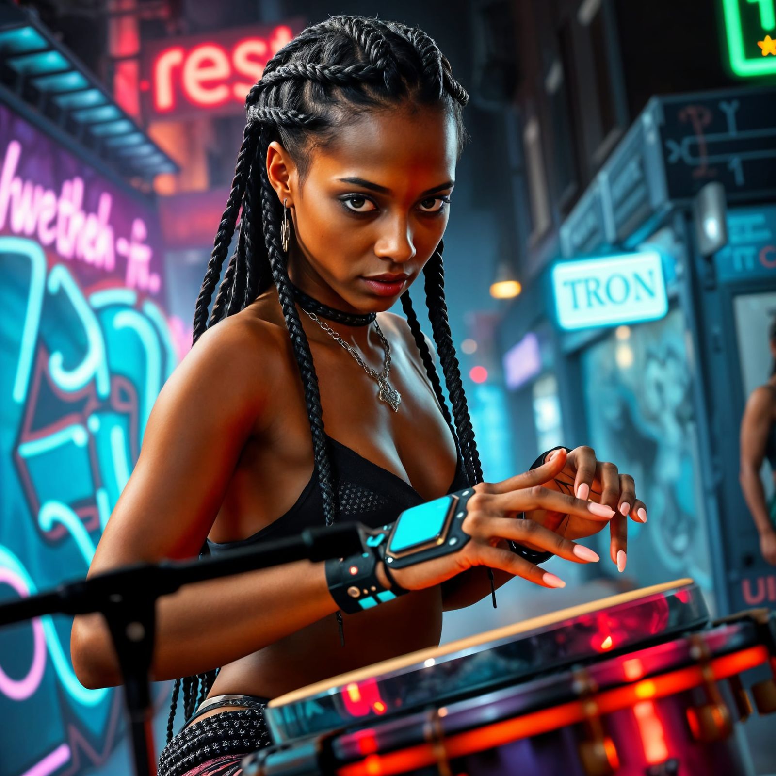 Cyberpunk Creole Drummer in Neon New Orleans