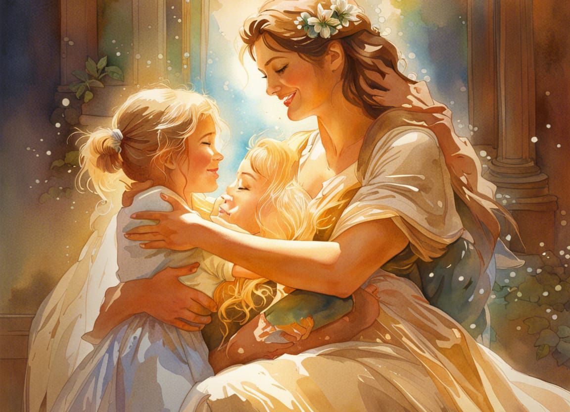 Loving Mother-Daughter Embrace in Watercolor Style