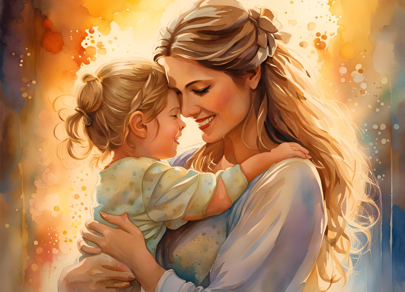 Mother and Daughter Embrace in Watercolor Art