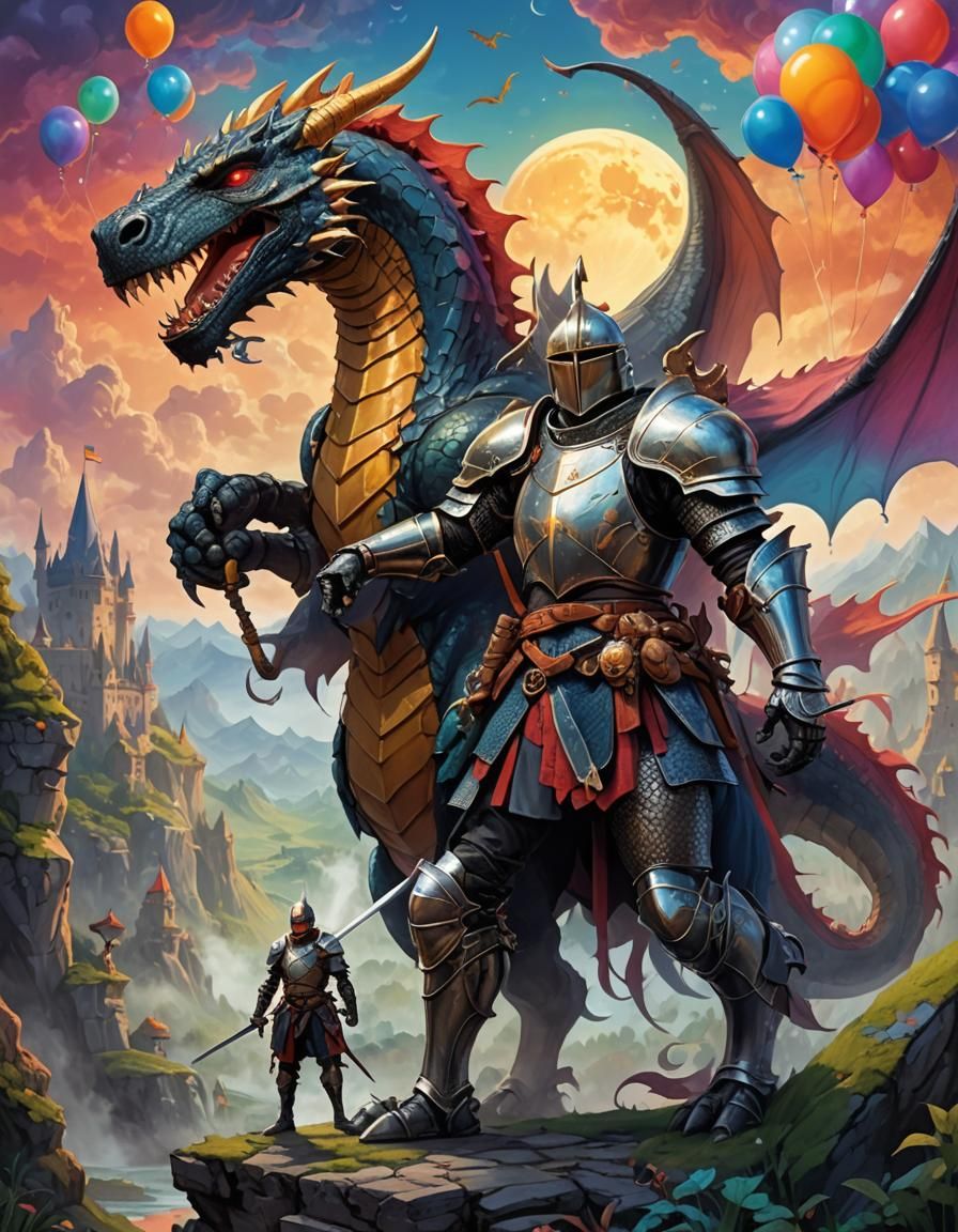 Knight and Dragon in Mystical Realm Concept Art