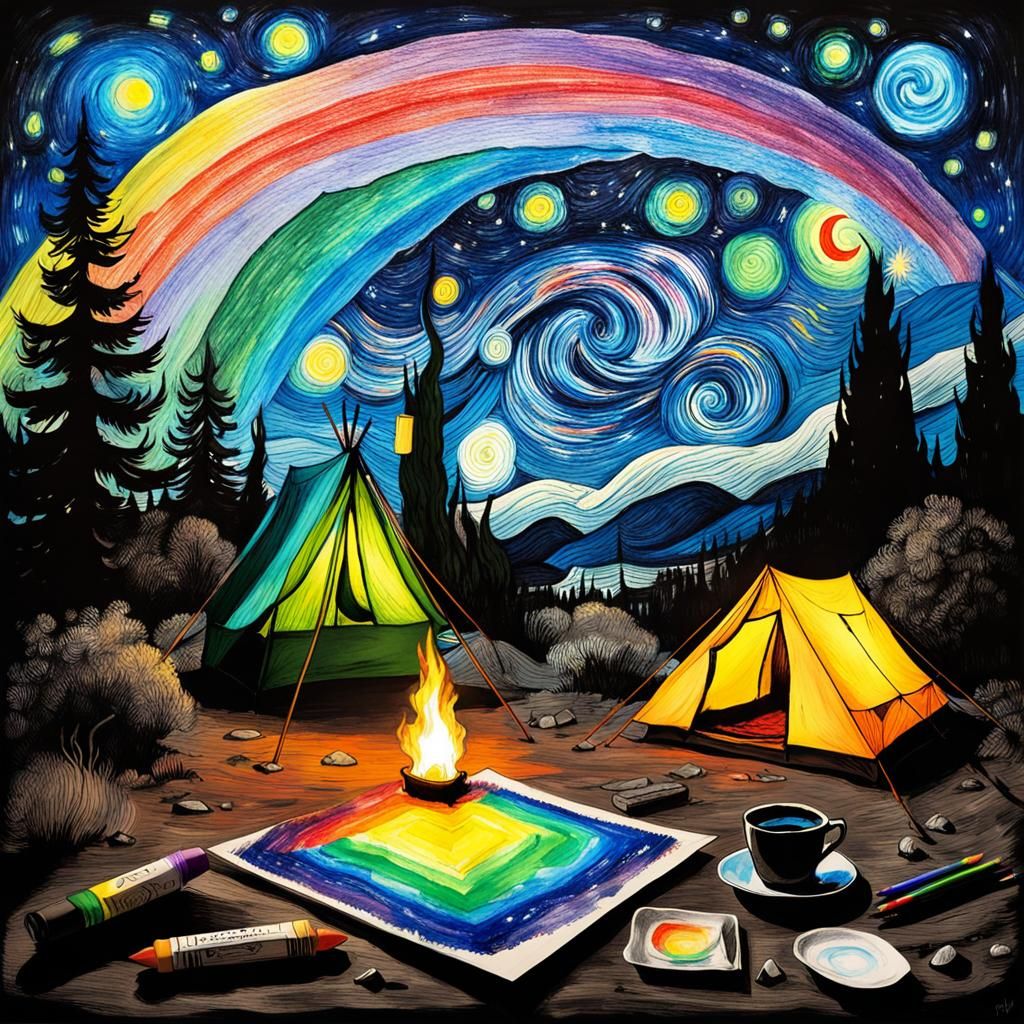 Camping Under Starry Night: Surreal Child's Crayon Art