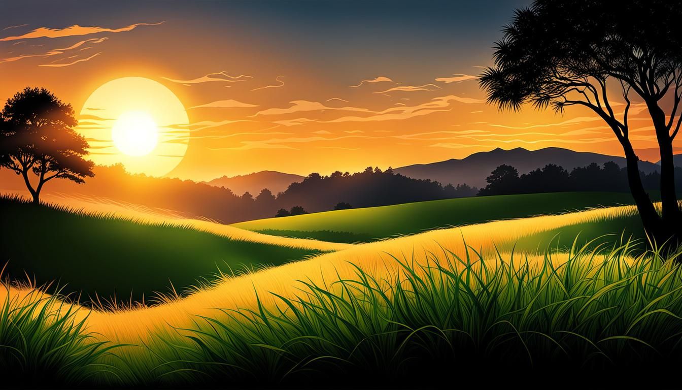 Grass and Sun Silhouette Digital Illustration