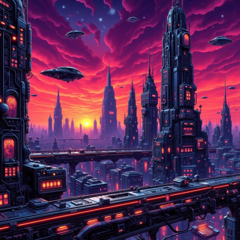 Retro-Futuristic City Skyline at Dusk in Syd Mead Style