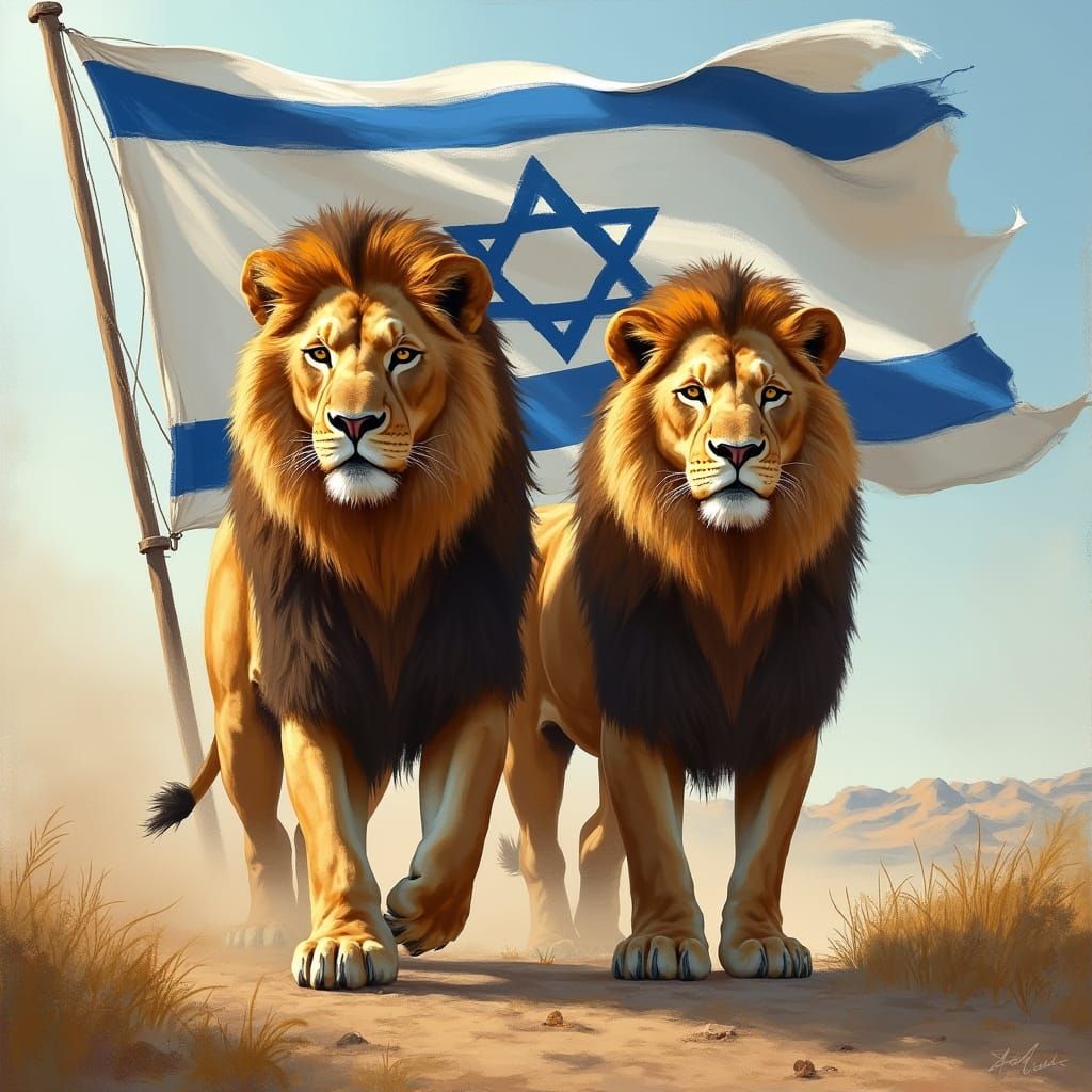Majestic Lions with Israeli Flag in Expressive Style