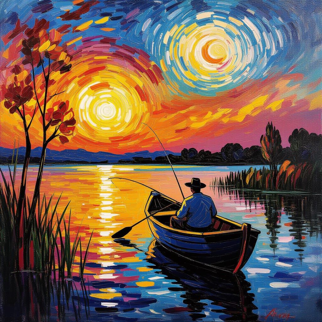 Lone Fisherman at Sunset: Impasto Painting