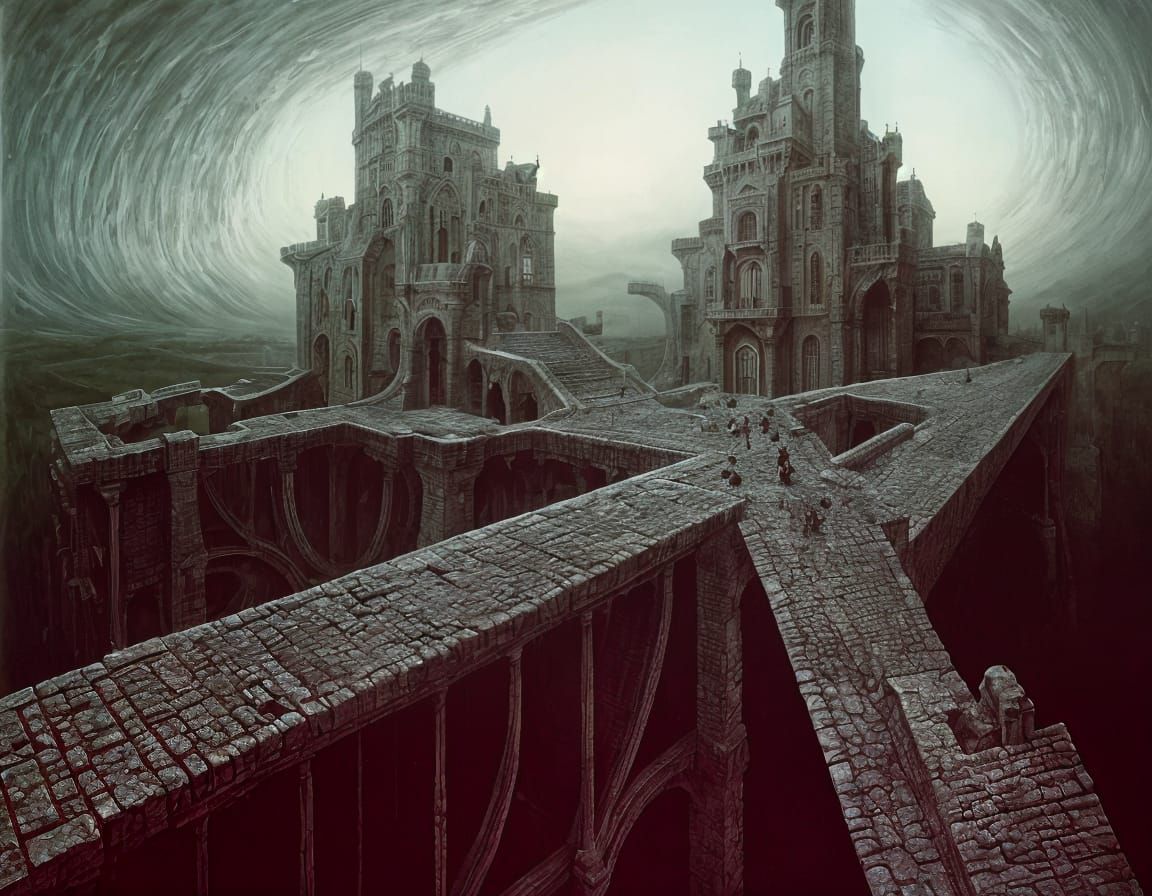 Surreal Castle with Drawbridges in Dreamlike Landscape