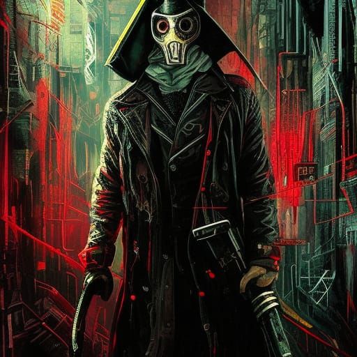 Dystopian Plague Doctor in Glitchcore Tech Noir