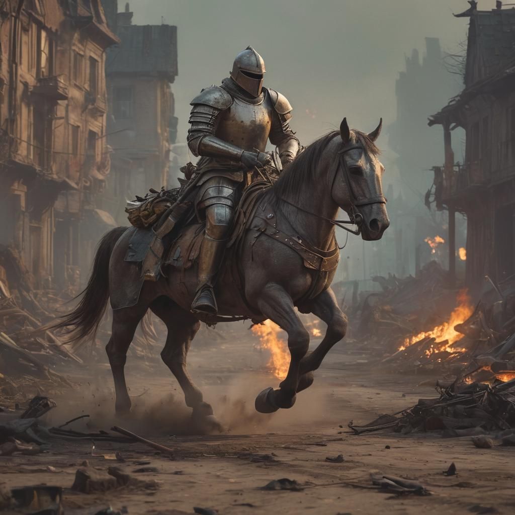 Armored Knight Charges Across Battlefield at Dusk