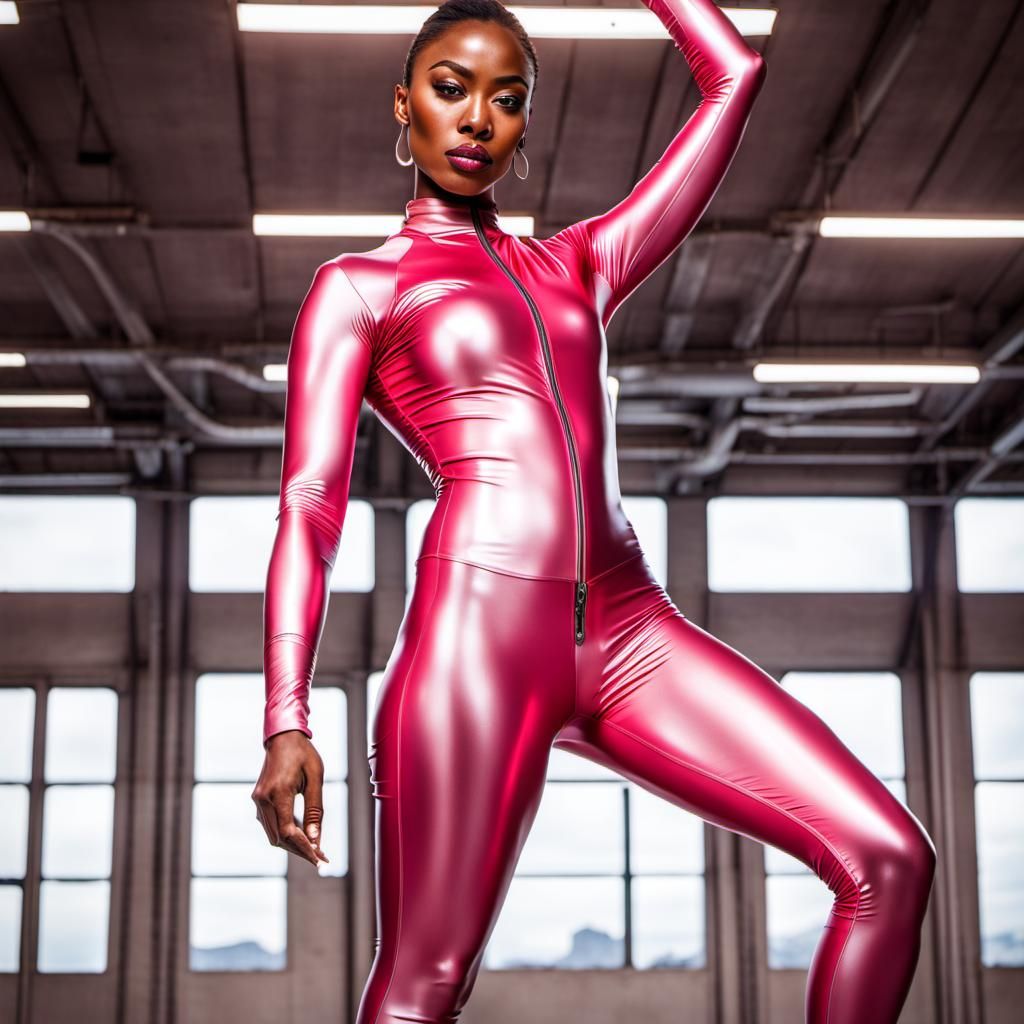 Brown-Skinned Woman in Latex Bodysuit, Dance Studio