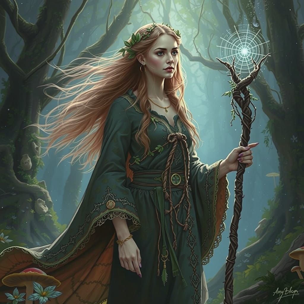 Enchanted Forest Sorceress in Whimsical Illustrative Style
