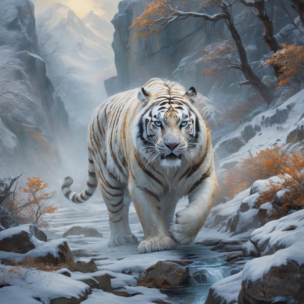 Snow Tiger in Icy Mountain Pass Oil Painting
