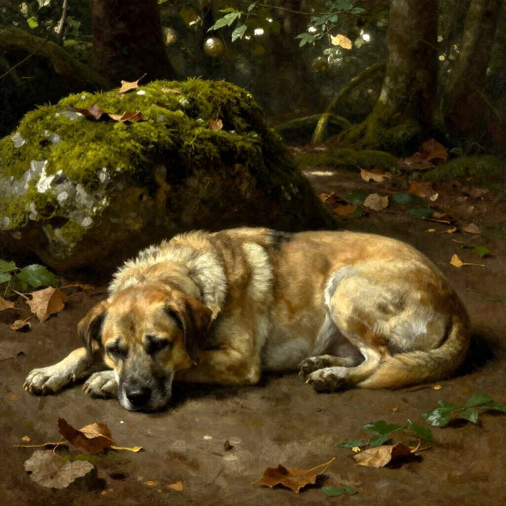 Aged Dog Rests in Sun-Dappled Forest, Oil Painting Style