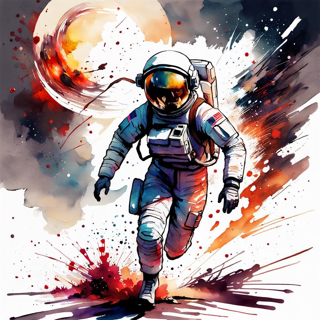 Astronaut Running from Explosion: Digital Watercolor Art