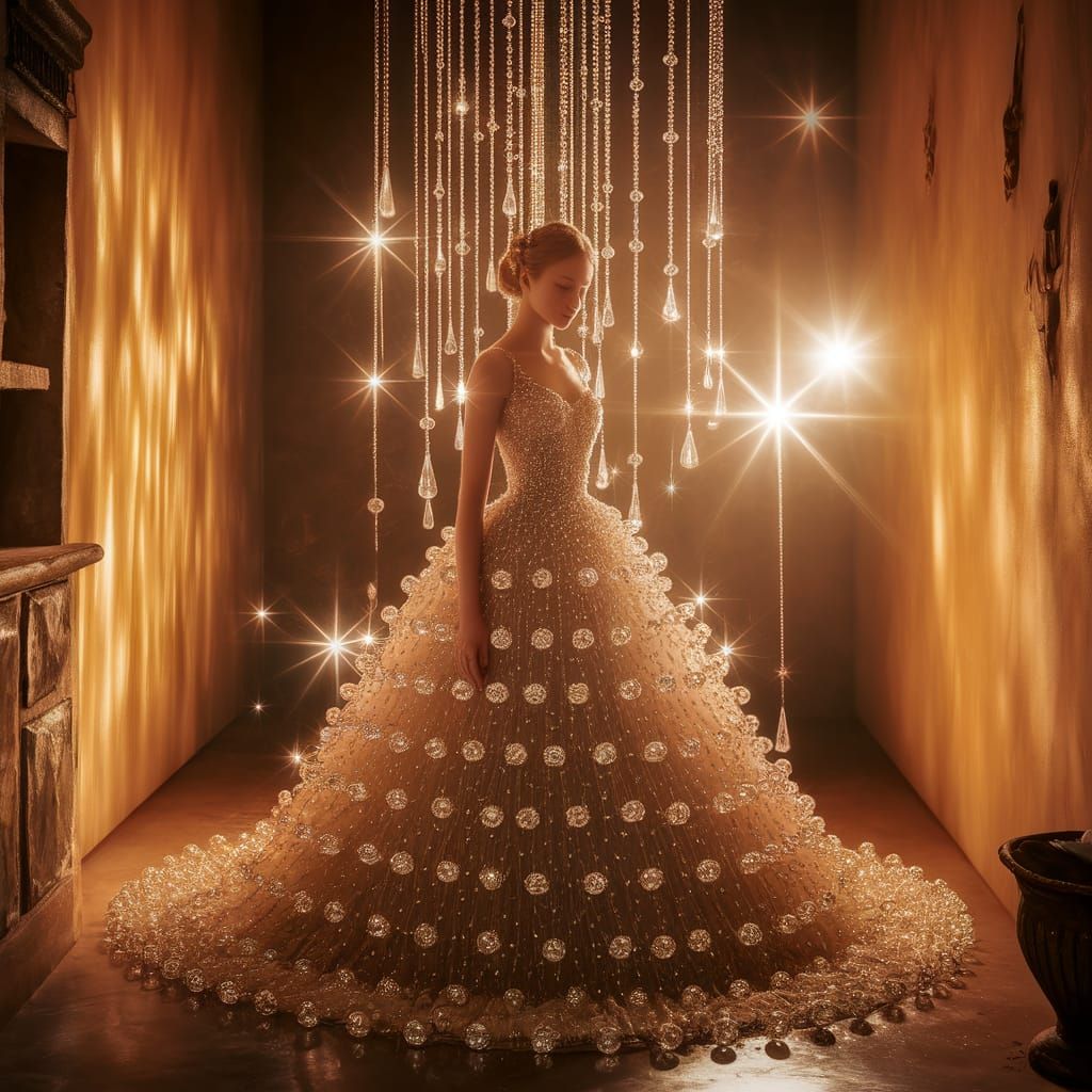 Ethereal Woman in Crystal Gown in Golden Light