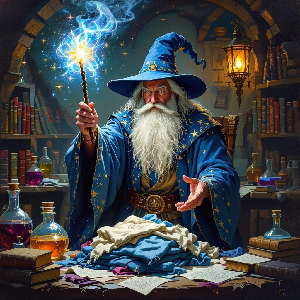 Wizard Levitates Laundry with Magic in Oil Painting Style