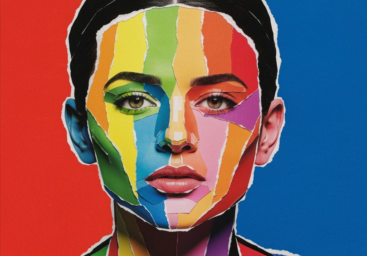 Rainbow Collage Portrait with Expressive Abstract Face