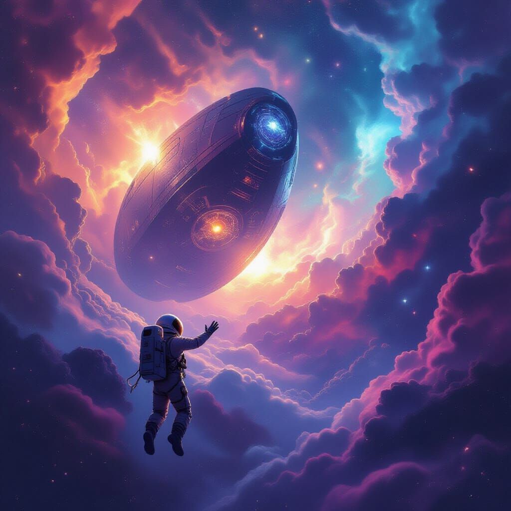 Astronaut Reaches for Cosmic Alien Artifact in Nebula