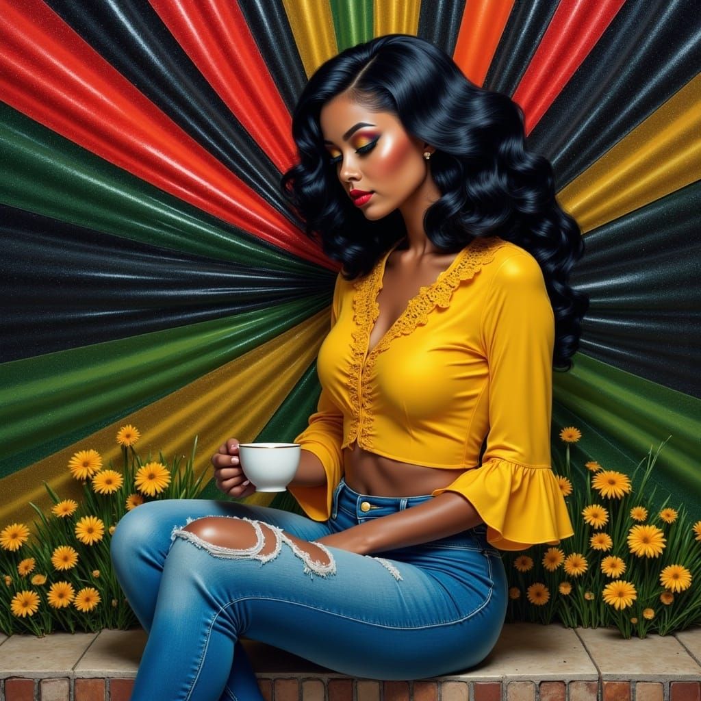 Woman in Whimsical Bohemian Attire Surrounded by Lush Greene...