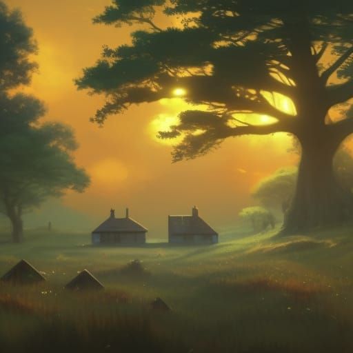 Magical Sunrise Over Forest Meadow, Dark Fantasy Art