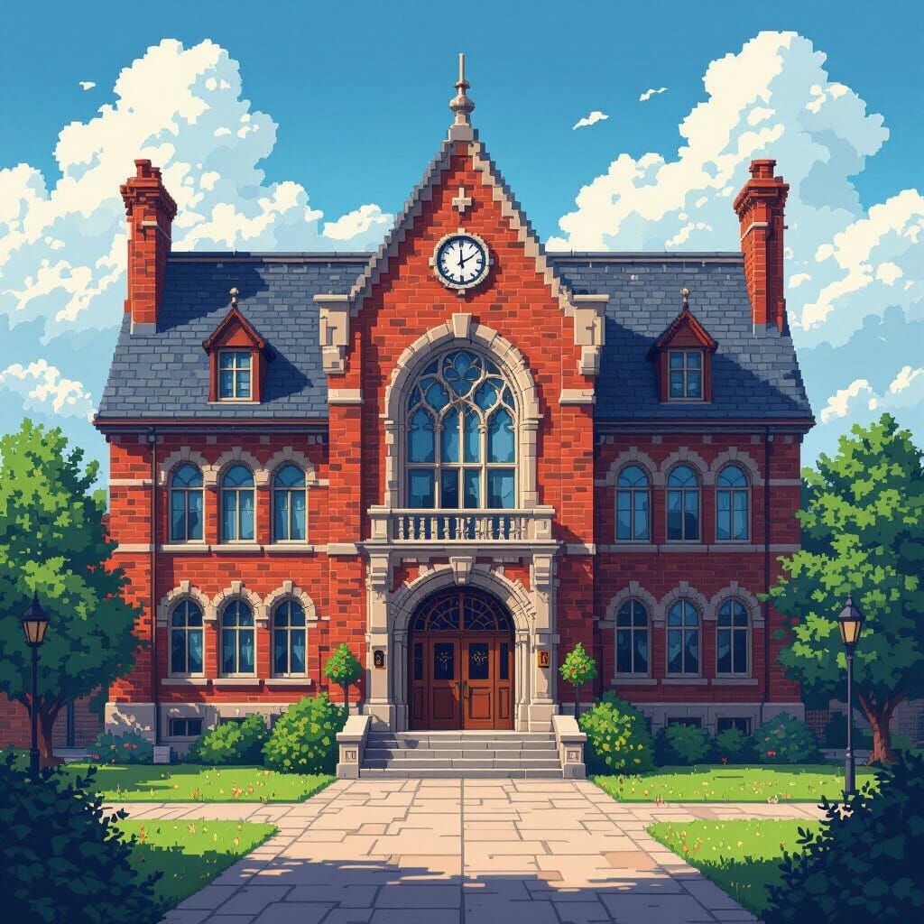 Fantastical High School Building in Pixel Art Style