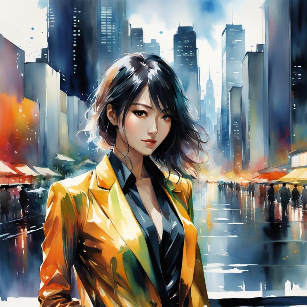 Anime Woman in Cityscape, Watercolor Art