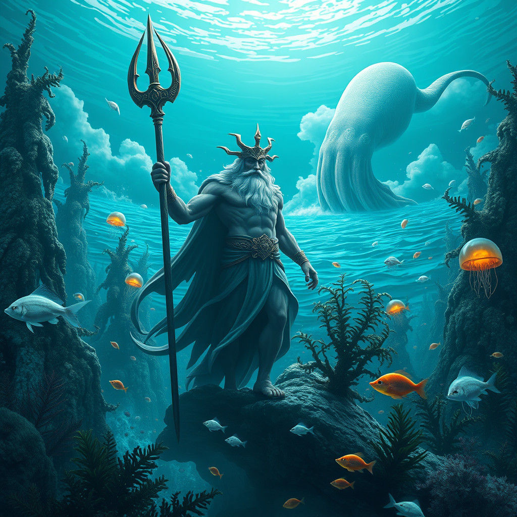 Poseidon in a Mystical Underwater Realm