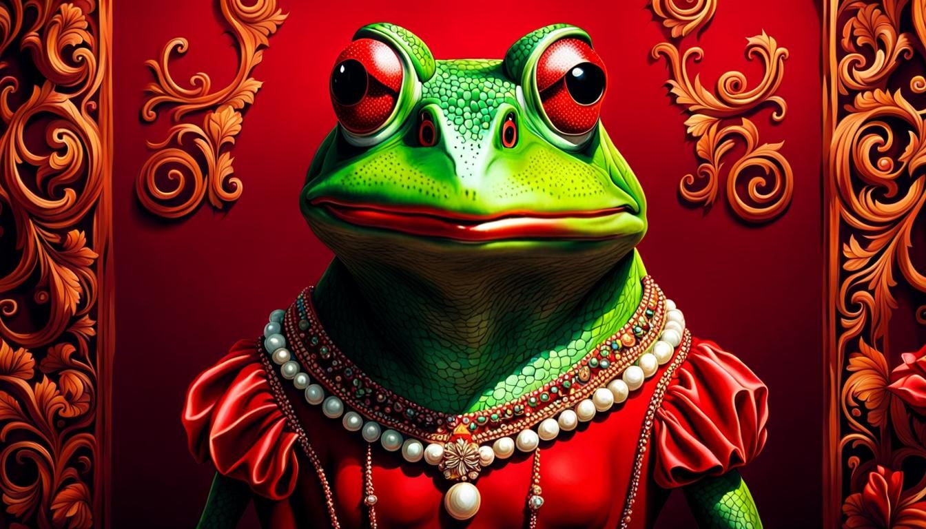 Anthropomorphic Frog in Red Dress, Wes Anderson Style