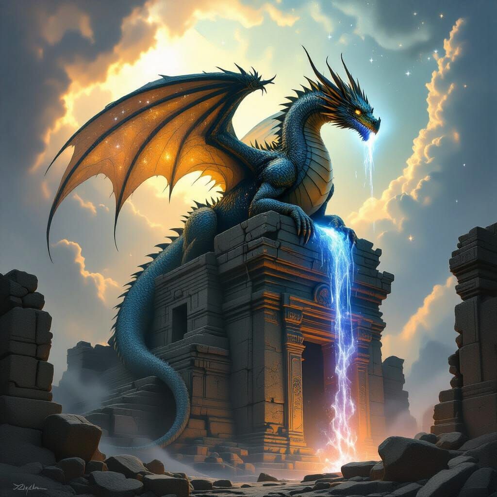 Ancient Dragon Perched on Cosmic Temple