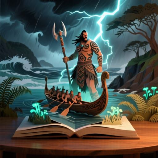 Maori Warrior in Storm: 3D Pop-Up Fantasy Art