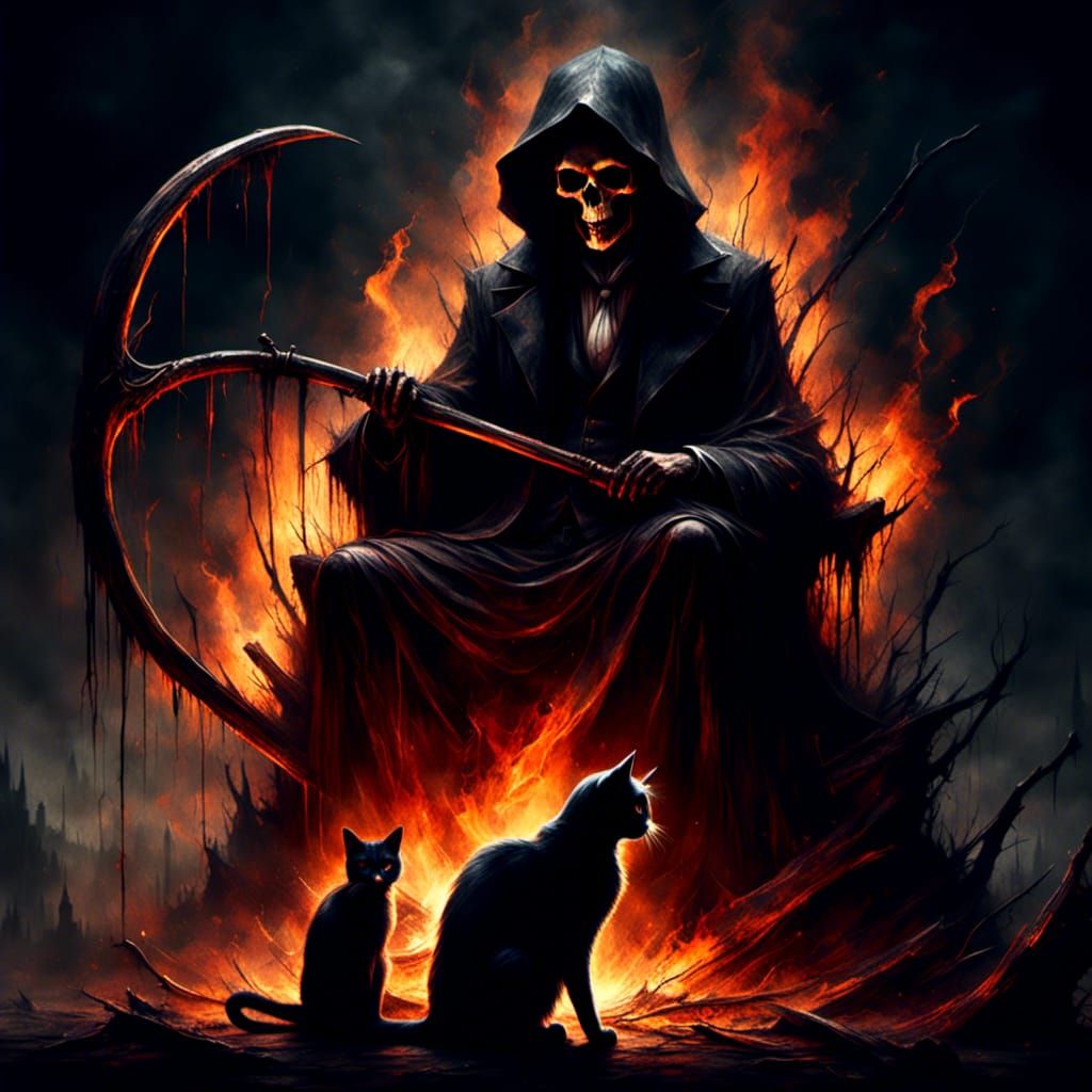 Grim Reaper and Tuxedo Cat at Campfire